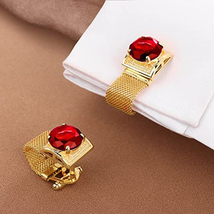 HAWSON Mens Cufflinks with Chain - Stone and Shiny Gold Tone Shirt Accessories - Party Gifts for Young Men - color: 24K Gold Color+Siam Red Crystal