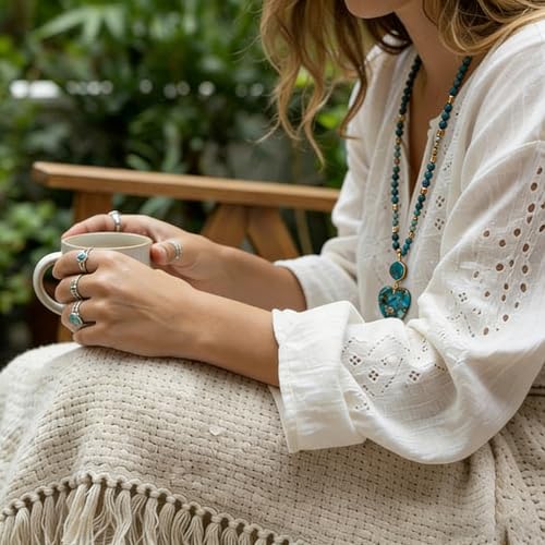 Yomisa Long Necklaces for Women Trendy, 33/34/35 inch | Boho Beaded Necklaces for Women, Natural Stone Pendant, Handmade Knotted Bead, Bohemian Holiday Summer Western Charm Jewelry - color: Love-Turquoise