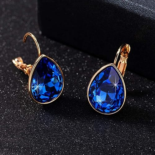 Austrian Crystal Teardrop Leverback Drop Earrings for Women | 14K Gold-Plated Finish, Sparkling Pear Stone, Smooth Bezel Frame, Secure Leverback Closure, Dainty Day-To-Evening Style - color: Sapphire