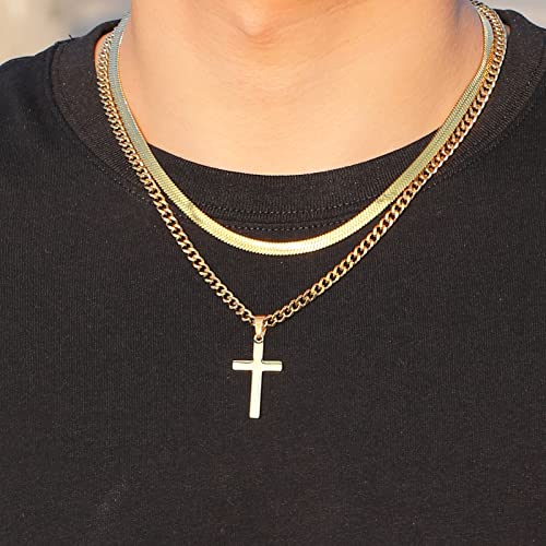 Zocomi Cross Necklace for Men Boys, Stainless Steel Layered Cuban Link Herringbone Chain Cross Pendant Christian Fashion Jewelry Gifts 16-24 Inches - color: Gold, size: 16inch/18inch, style: Herringbone+Cuban