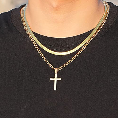 Zocomi Cross Necklace for Men Boys, Stainless Steel Layered Cuban Link Herringbone Chain Cross Pendant Christian Fashion Jewelry Gifts 16-24 Inches - color: Gold, size: 16inch/18inch, style: Herringbone+Cuban