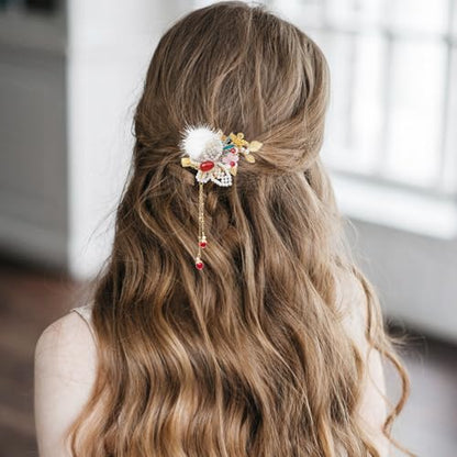 Bridal Flower Hair Clips, Crystal Hair Pins Pearl Rhinestone Hair Barrettes, Wedding Hair Pieces Pearl Headpieces Hair Accessories for Women Girls - color: Gold&Red