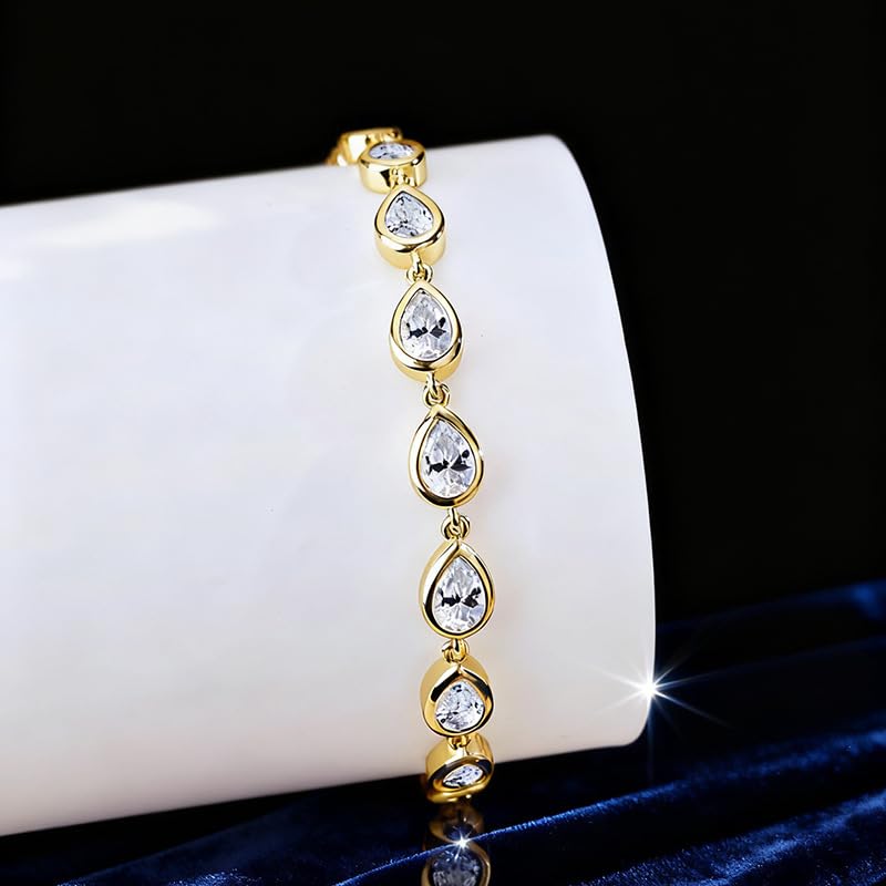 Bracelet for Women, Gold Plated 5A Cubic Zirconia Bracelets Adjustable Teardrop Square Triplet April Birthstone Jewelry - color: teardrop-gold palated