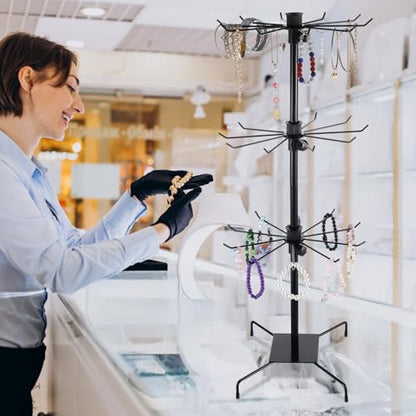 3 Tier 28.3 x 11.8 Inch Rotating Display Stand, Earring Display Rack, Black Metal Retail Display Stand with Hooks for Necklace, Bracelet, Earrings, and Keychains, Adjustable Height