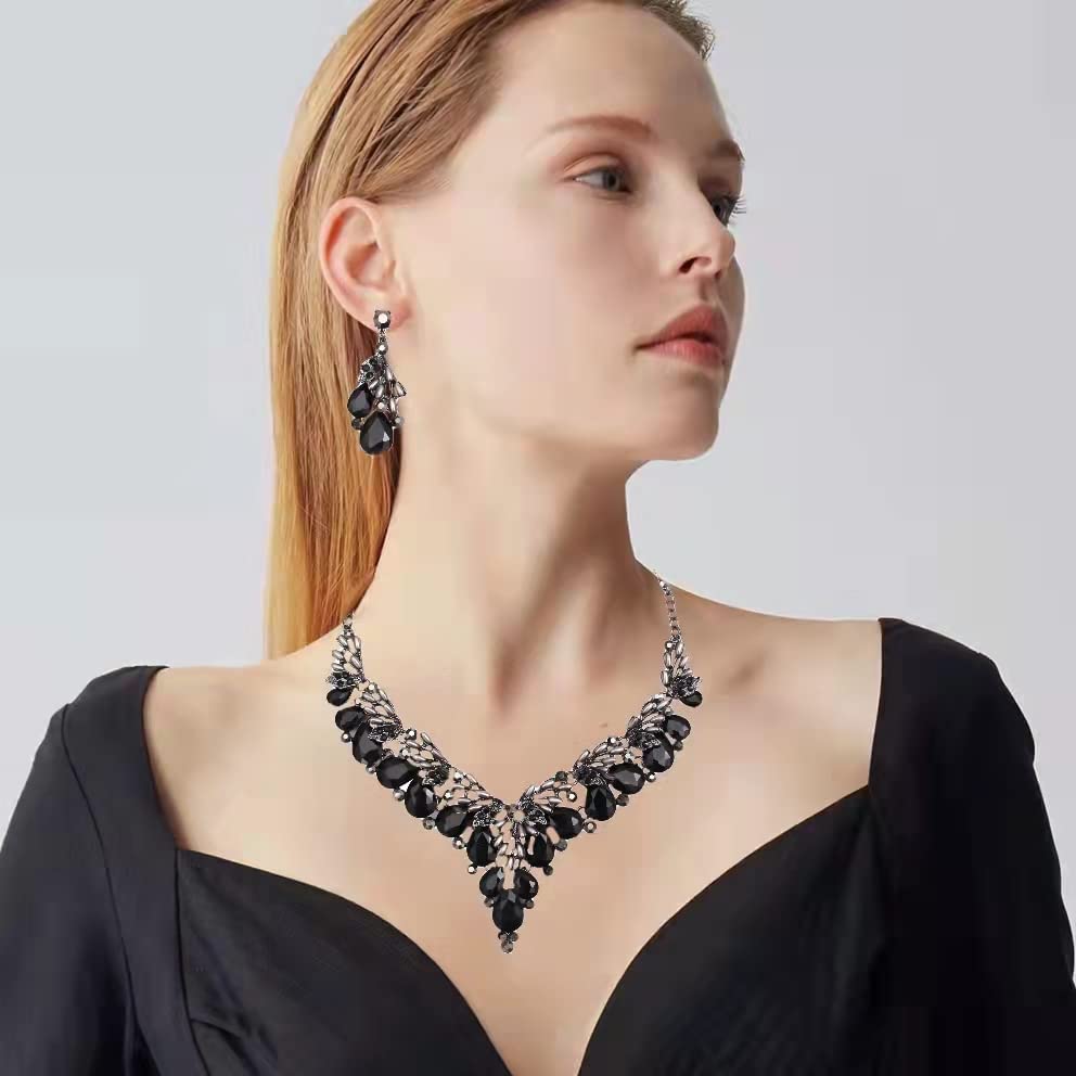 Jewelry Set for Women, Statement Necklace Dangle Earrings Bracelet Ring, White/KC Gold Plated Jewelry Set with Rhinestone Pearl Crystal Wedding Party Jewelry for Bridal Bridesmaid - color: All Black-Jet