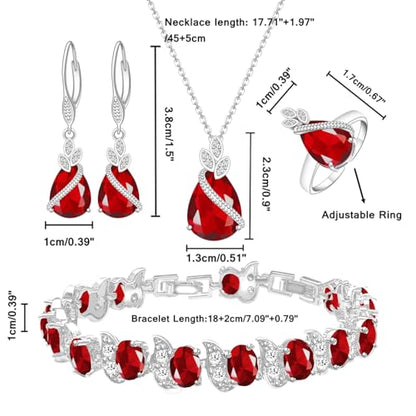 LMXXVJ Jewelry Set for Women,Teardrop Cubic Zirconia Necklace Earrings Adjustable Ring Bracelet Jewelry Set Formal Jewelry Gift - color: SYSD-White Gold-Ruby Red