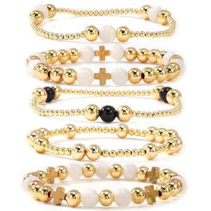 5Pcs Stack Gold Plated Ball Beaded Bracelets Set for Women, Boho Handmade Colorful Glass Pearl Stretch Accessories Jewelry, Summer Beach Daily Wear Holiday Friendship Gift - color: Freshwater Pearl