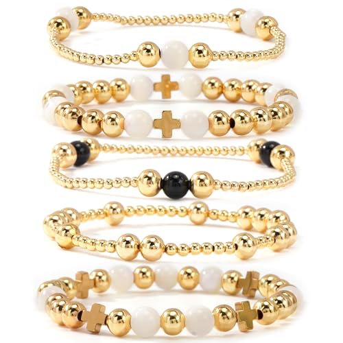 14K Gold Plated Beaded Bracelets Stack Set for Women,Stretch Boho Ball Jewelry Friendship Trendy - color: Black