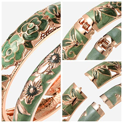 UJOY Cloisonne Bangle Colorful Enamel Filigree Rose Flower Hollowed Crystal Bracelet for Women Gifts 88A09 - color: C06-2 Pcs Set/Rose-Green