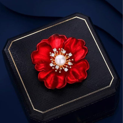 Anmpab Red Peony Flower Brooch with Pearl and Rhinestone Floral Lapel Pin for Women Blazer Dress Coat Jacket Scarf