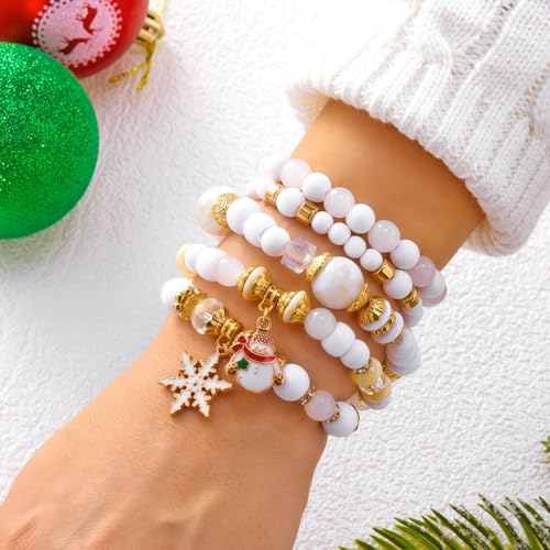 WETMT 5 PCS Christmas Bracelets for Women Acrylic Green White Bead Elastic Christmas Tree Snowflakes Stretch Bracelets Stack Holiday Party Jewelry Gifts Stocking Stuffers - color: white