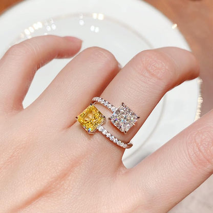 Dainty Cute 925 Silver Yellow Crystal and White Crystal Double Stone Ring Exquisite Square Morganite Open Four-Claw Topaz Open Adjustable Ring for Women Anniversary Wedding Engagement Promise Rings