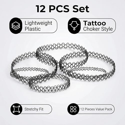12PC Tattoo Choker Necklace Set- 90s Accessories 2000s Jewelry Fashion- Rainbow Goth Black White Blue Green Pink - Adjustable Stretchy Elastic Necklace for Women - color: black-12p