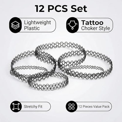 12PC Tattoo Choker Necklace Set- 90s Accessories 2000s Jewelry Fashion- Rainbow Goth Black White Blue Green Pink - Adjustable Stretchy Elastic Necklace for Women - color: black-12p