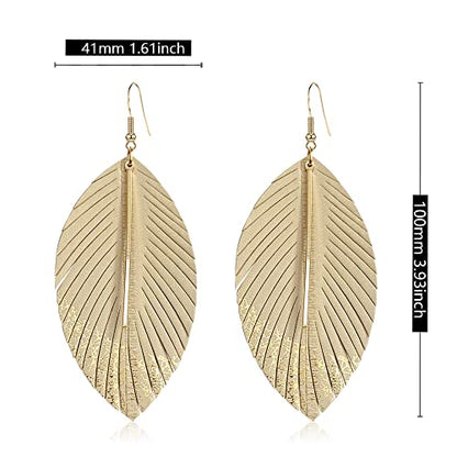 Bohemian Handmade Lightweight Color Large Genuine Soft Leather Fringe Feather Leaf Tear Dangle Drop Earrings for Women Statement - color: 2-Off white