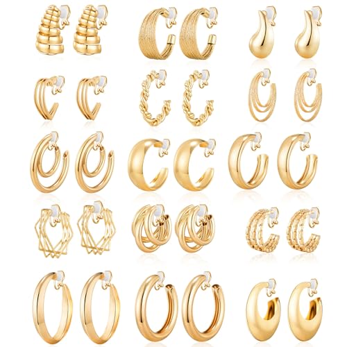 15 Pairs Gold Clip on Earrings for Women Fashion,Lightweight Fake Earrings Set - style: Style D