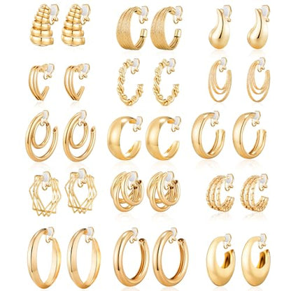 15 Pairs Gold Clip on Earrings for Women Fashion,Lightweight Fake Earrings Set - style: Style D