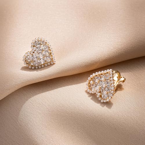 YOQUCOL Simulated Pearl Flower-Cluster Shape Clip On Stud Earrings Non Pierced Ear Earrings for Women - color: Heart-B