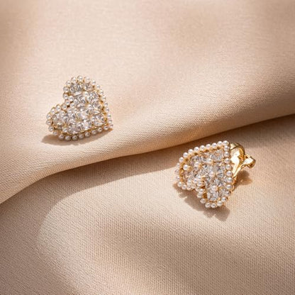 YOQUCOL Simulated Pearl Flower-Cluster Shape Clip On Stud Earrings Non Pierced Ear Earrings for Women - color: Heart-B