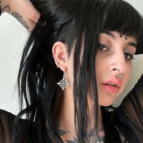 PUNKYOUTH Gothic Crest Dangle Drop Hoop Earrings Dark Alternative Piercing Jewelry 18G 1mm Antique Finish Ornate Scroll Cubic Zirconia Spike Statement Everyday Wear Accessories For Women Men - color: Fleur-de-lis-Silver