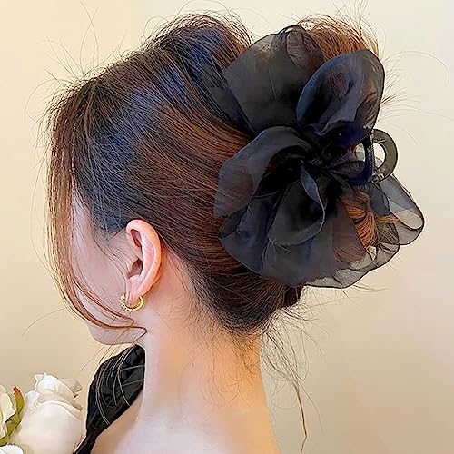 Black Mesh Tulle Bowknot Hair Claw Clips - Large Chiffon Clips for Women's Thick Hair, Elegant Hair Accessories - color: black