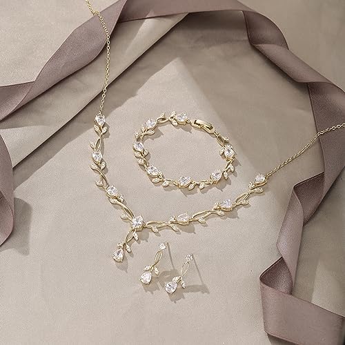 EVER FAITH Cubic Zirconia Pearl Leaf Bridal Jewelry Set for Bride Women | White Wedding Prom Necklace Dangle Earrings Bracelet, for Bridesmaid - color: CZ_Clear Gold-Plated-Brass
