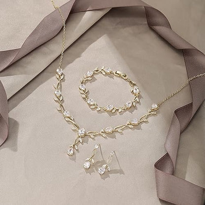 EVER FAITH Cubic Zirconia Pearl Leaf Bridal Jewelry Set for Bride Women | White Wedding Prom Necklace Dangle Earrings Bracelet, for Bridesmaid - color: CZ_Clear Gold-Plated-Brass