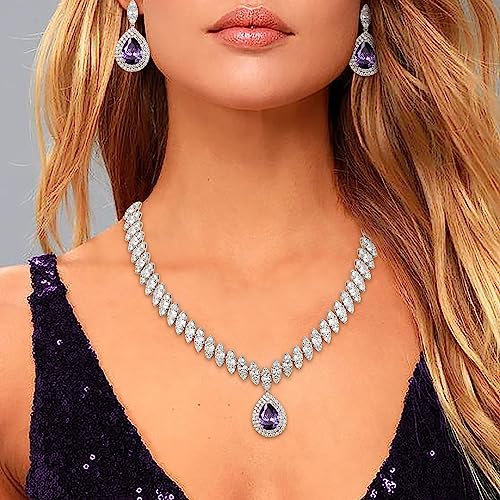 EVER FAITH CZ Marquise Leaf Teardrop Wedding Prom Jewelry Set for Women | Birthstone Pendant Necklace Dangle Earrings - color: Purple