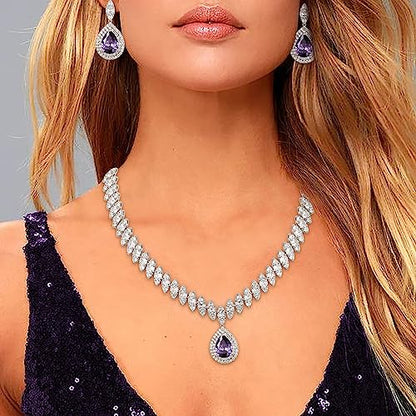 EVER FAITH CZ Marquise Leaf Teardrop Wedding Prom Jewelry Set for Women | Birthstone Pendant Necklace Dangle Earrings - color: Purple