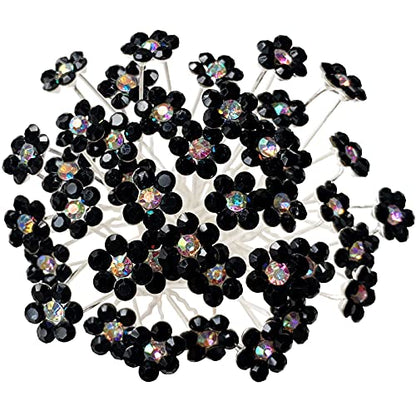 Rhinestone Flower Hair Pins, 40 Pcs U-Shaped Crystal Party Wedding Bridal Hair Accessories for Women Girls (Black) - color: Black