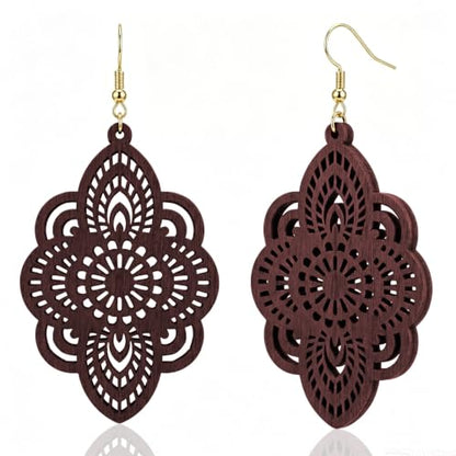 Boho Black Filigree Dangle Earrings for Women, Lightweight Hollow Lace Drop, Wood, 3.34" x 1.69", Bohemian Jewelry - color: Dark Winered