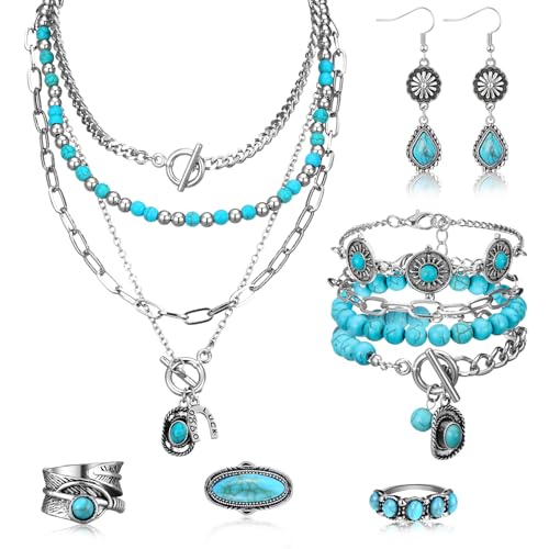 Ecally Bohemian Western Jewelry Turquoise Set Women Country Pendant Long Choker Layered Bracelets Earrings Ring for Women - color: Turquoise, style: Novel