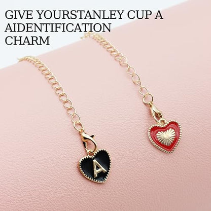 2Pcs Letter Charm Accessories for Stanley Cup,Name ID Initial Letter for Stanley 30&40 oz Tumbler with Handle,Heart Shape & Four Leaf Clover Initial Personalized Identification Charms Chain - color: black and red-R