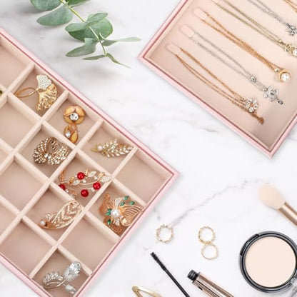 Voova Stackable Jewelry Organizer Tray with Lid (Set of 4, Rose Gold) | Stackable PU leather jewelry trays with drawer inserts for earrings, rings, necklaces, bracelets and watches; set of 4 - color: Rose Gold