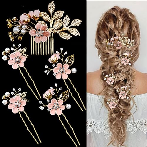 5 PCS Bridal Flower Wedding Hair Pins Crystal Pearl Hair Clips Headpiece Gold Wedding Hair Accessories Jewelry with Rhinestone for Brides Bridesmaids Women Girls Updo(Cherry Blossoms Pink) - color: Exquisite Flower Leaves&Cherry Blossoms Pink