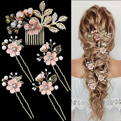 5 PCS Bridal Flower Wedding Hair Pins Crystal Pearl Hair Clips Headpiece Gold Wedding Hair Accessories Jewelry with Rhinestone for Brides Bridesmaids Women Girls Updo(Cherry Blossoms Pink) - color: Exquisite Flower Leaves&Cherry Blossoms Pink