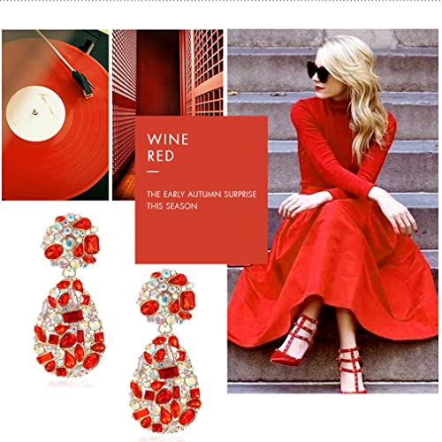 Rhinestone Statement Earrings Teardrop Costume Earrings Cluster Crystal Chandelier Drop Dangle Earrings for Women - color: Red