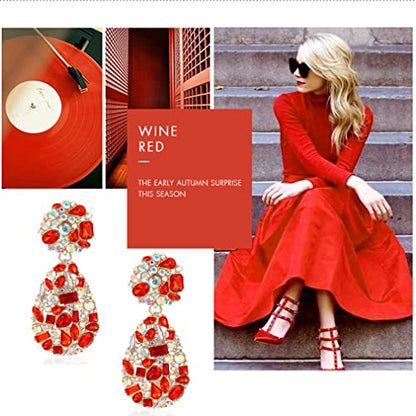Rhinestone Statement Earrings Teardrop Costume Earrings Cluster Crystal Chandelier Drop Dangle Earrings for Women - color: Red