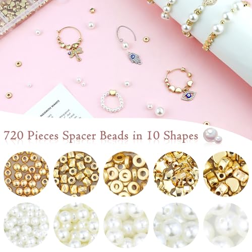 Gold Spacer and Pearl Beads for Bracelets, 5 Sizes White Pearls and 5 Styles Gold Beads, Bracelet Making Kit for Jewelry Making Necklaces Earrings DIY Crafts (720 Pcs)
