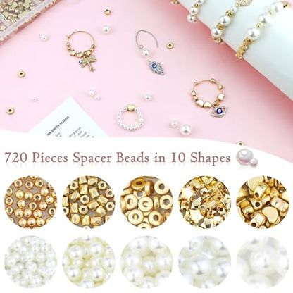 Gold Spacer and Pearl Beads for Bracelets, 5 Sizes White Pearls and 5 Styles Gold Beads, Bracelet Making Kit for Jewelry Making Necklaces Earrings DIY Crafts (720 Pcs)