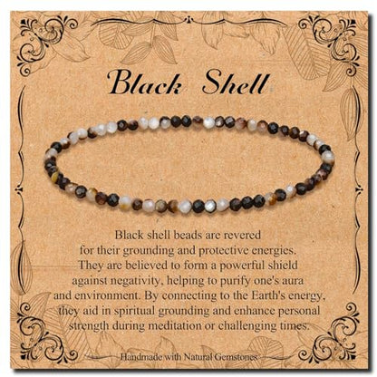 BONNY BOXX Natural Genuine Gemstone Faceted Round Beads Bracelets, 3mm Adjustable Stretchy Tiny Faceted Black Tourmaline Bracelet, Healing Crystal Reiki Chakra Dainty Jewelry Fashion Gifts - color: Black Shell