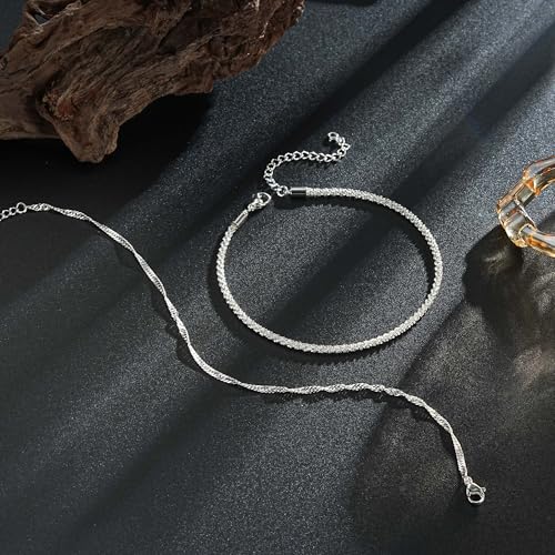 Ritach Gold/Silver Ankle Bracelets for Women 14K Gold Anklets for Women Waterproof Cuban Link Heart Bead Anklets Set Layered Anklet Bracelets for Women Gold Jewelry Gift - color: silver chain