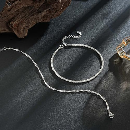 Ritach Gold/Silver Ankle Bracelets for Women 14K Gold Anklets for Women Waterproof Cuban Link Heart Bead Anklets Set Layered Anklet Bracelets for Women Gold Jewelry Gift - color: silver chain