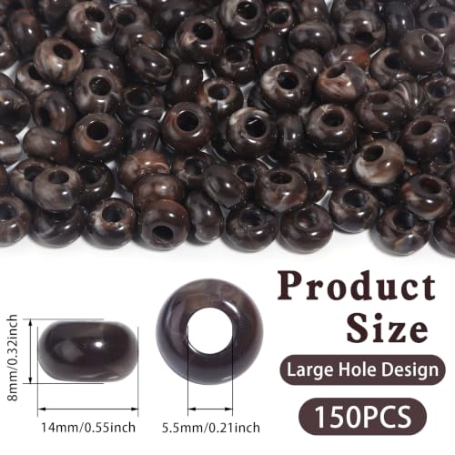 150PCS 14x8mm Brown Acrylic European Large Hole Rondelle Spacer Beads with Storage Box, Loose Beads for Bracelet Necklace Earring Hair DIY Jewelry Making - color: Brown