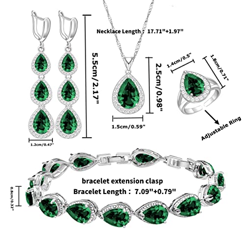 LMXXVJ Necklace Long Earrings Bracelet Set, White Gold Plated Created Blue Sapphire Jewelry Set Wedding Party Gift Jewelry for Women Bridal Bridesmaid - color: White Gold-Green Ring