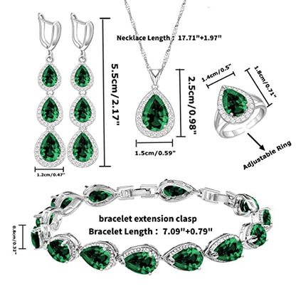 LMXXVJ Necklace Long Earrings Bracelet Set, White Gold Plated Created Blue Sapphire Jewelry Set Wedding Party Gift Jewelry for Women Bridal Bridesmaid - color: White Gold-Green Ring