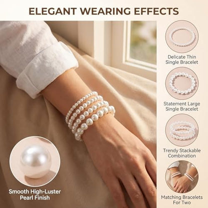 QUUPY 10Pcs White Faux Pearl Bracelets Set, 5 Sizes Stackable Elastic Beaded Bracelets, Elegant Jewelry for Bridal, Wedding, Bridesmaid, Party, Daily Wear and Gifts