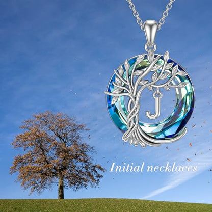 TOUPOP Gifts for Women Tree of Life Initial Necklace 925 Sterling Silver Letter Pendant with Blue Crystal Birthday Jewelry Gifts for Women Her Mom Wife Daughter - color: Tree of Life J Initial