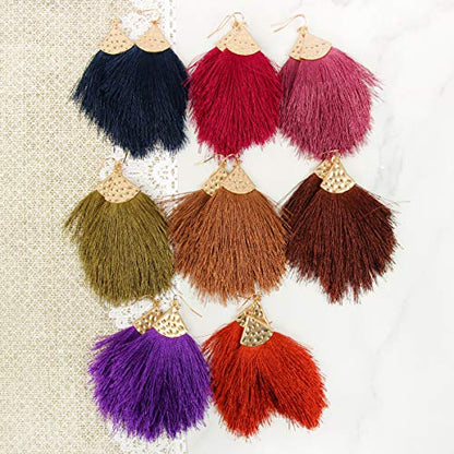 Bohemian Silky Thread Fan Fringe Tassel Statement Earrings - Lightweight Strand Feather Shape Dangles - color: Feather Fringe - Black Grey