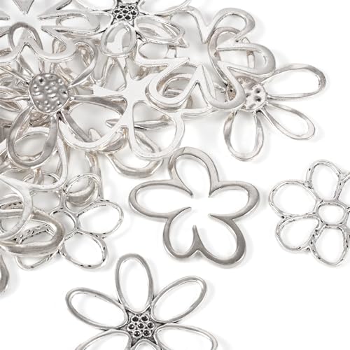 14Pcs Hollow Flower Charms Pendants Antique Silver Floral Connector Charms Flower Theme Alloy Open Back Bezel Frame Charm for UV Resin Pressed DIY Necklace Bracelet Jewelry Making